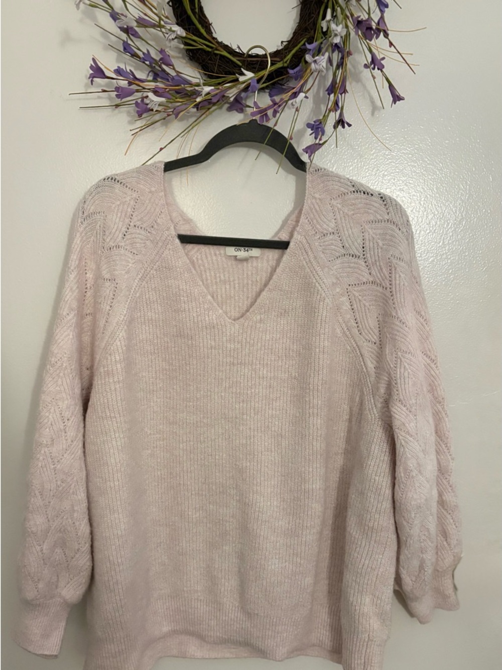 On 34th Pale Pink V-Neck Cable Sleeve Sweater